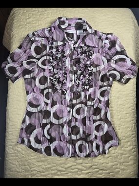 Worthington Lavender & Brown Ruffled Button-Up Blouse